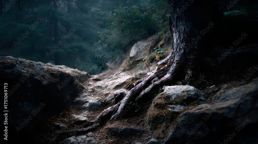 Fototapeta premium Forest trail ascends a slope with exposed tree roots gripping mossy rocks in a moody atmosphere