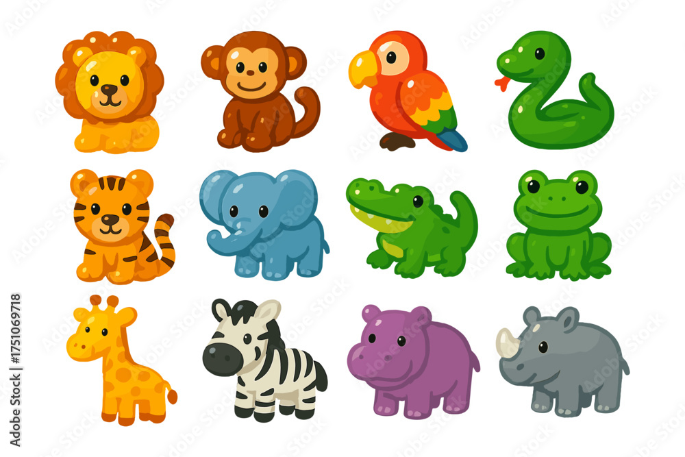 Fototapeta premium Cute cartoon animals set with colorful jungle and safari creatures