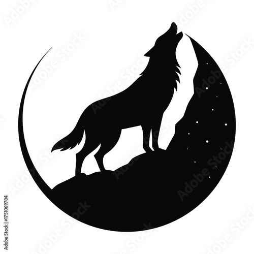 A lone wolf howling at the moon on a rocky outcrop silhouette illustration