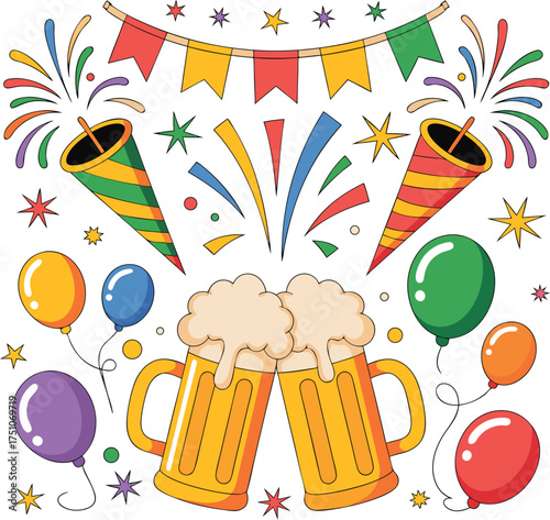 Happy Hour and Party Time Cartoon Illustration.