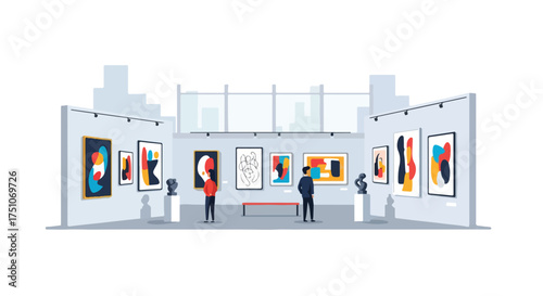 Art gallery exhibition featuring modern abstract artworks, attracting art enthusiasts and cultural visitors
