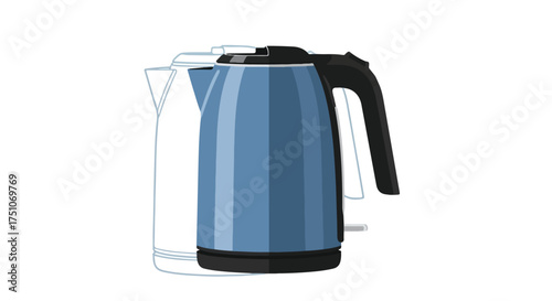 Stylized depiction of a blue electric kettle with a black handle and base presented with a subtle shadowed outline effect