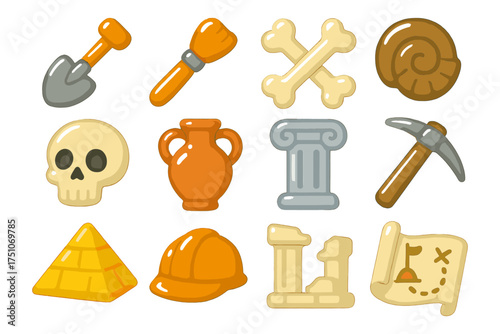 Cartoon archaeology icons: shovel, bones, fossil, skull, artifacts, and tools