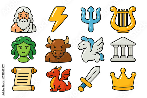 Colorful cartoon icons of greek mythology including zeus, pegasus, and medusa