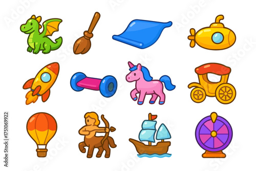 Colorful cartoon icon set featuring fantasy and transportation themes