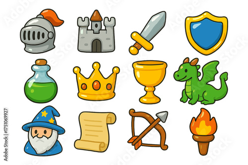 Cartoon medieval fantasy icons with knight, castle, and dragon