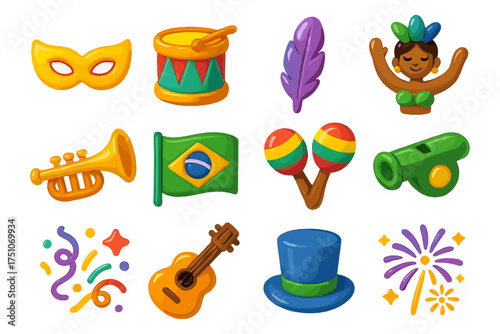 Festive carnival icons with brazilian elements and musical instruments