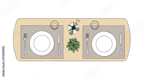 Elegant dining arrangement with minimalist place settings and botanical centerpiece illustration displaying harmony and simplistic design for a cozy