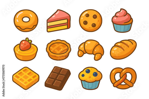 Colorful sweet desserts and pastries collection for bakery and patisserie design