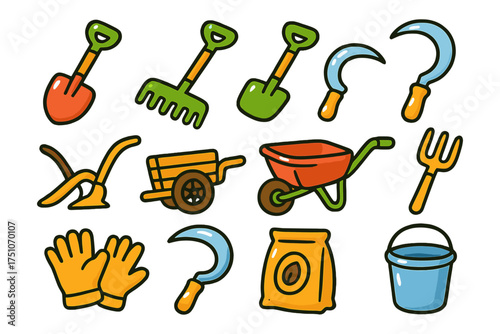 Colorful cartoon garden tools collection: rakes, shovels, wheelbarrow, buckets, and more