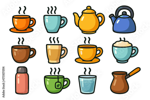 Colorful hand drawn icons of teacups and teapots with steam