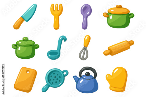Colorful kitchen utensils collection for cooking and baking enthusiasts