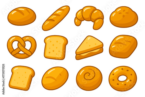 Assorted bread icons: delicious bakery items in a flat style collection