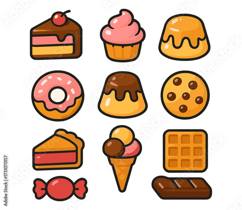 Cartoon sweet treats collection: cakes, cupcakes, cookies, and more