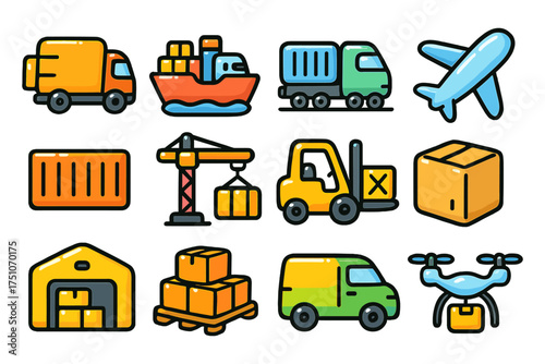 Colorful logistics and shipping icons for modern transport solutions