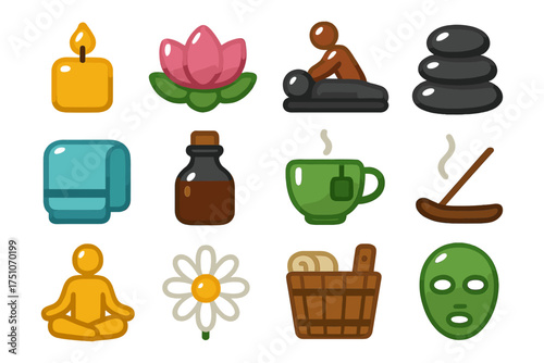 Spa and wellness icons: relaxation, massage, aromatherapy, meditation, skincare