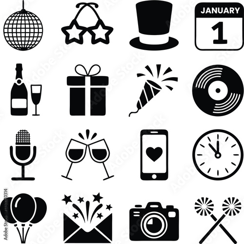 Monochromatic Flat Silhouette Icon Pack for Holiday Events.