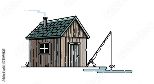 Whimsical vector illustration of a rustic fishing cabin, depicting a peaceful scene with a fishing rod and a small fish caught on the line near the