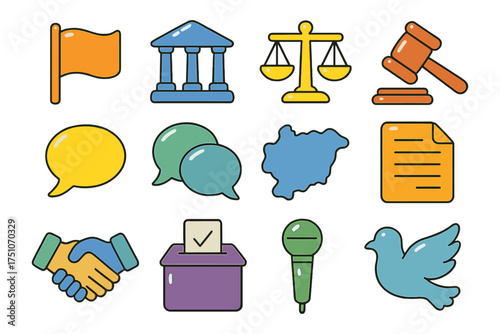 Legal and political icons set with justice, speech, and voting symbols