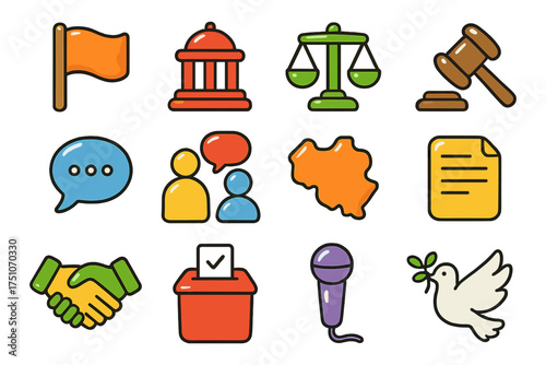Colorful icons for politics: symbols of law, speech, and peace