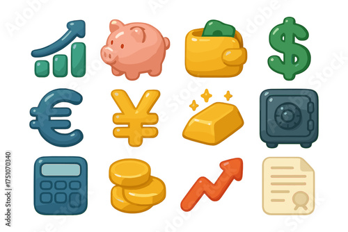 Financial growth icons featuring currency, gold, and investment elements