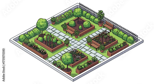 Isometric cartoon garden design showing raised flower beds and trees, stone walkways and benches within a walled perimeter portraying serenity