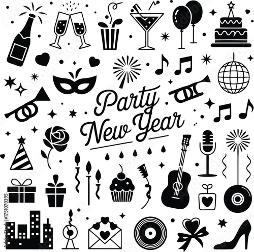 Monochromatic Glyph Icons Collection for New Year's Eve Festival and Concert.