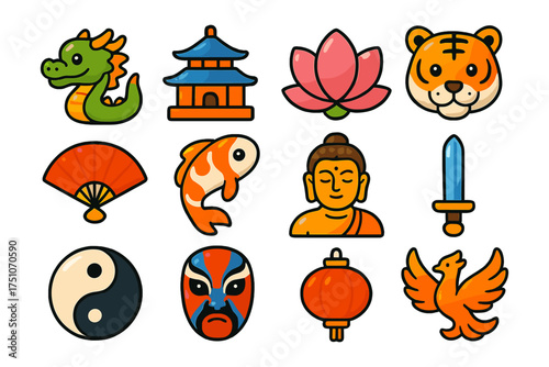 Colorful asian culture icons: dragon, lotus, yin yang, phoenix, and more