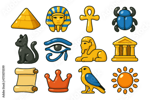 Ancient egypt symbols collection: icons of pharaoh, ankh, sphinx, hieroglyphs, and more