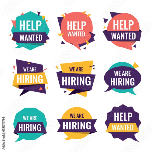 A vector illustration vector art of set of hiring and help wanted banners with abstract shapes