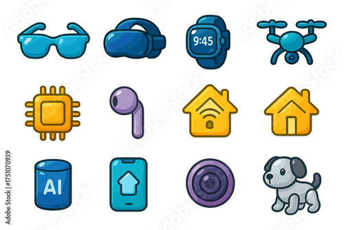 Trendy technology gadgets: glasses, vr, smartwatch, drone, ai, smart home, earbuds, smartphone, camera, robot dog
