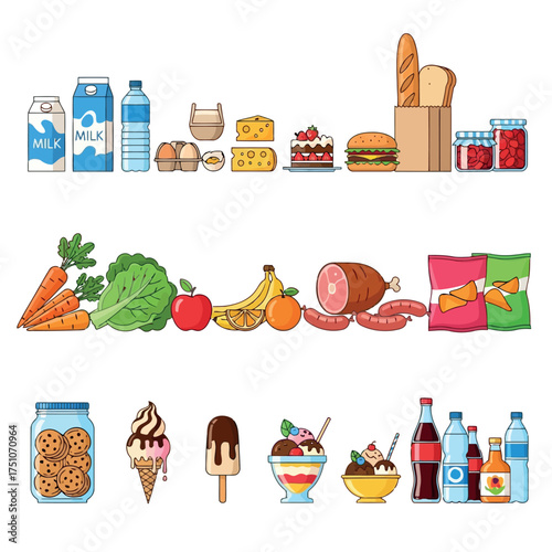 A vector illustration vector art of assortment of food and drinks from a grocery store