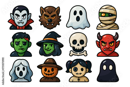 Spooky cartoon character icons for halloween