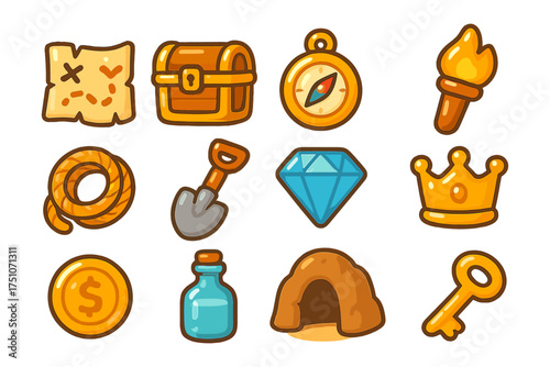 Colorful cartoon treasure hunt icons featuring map, chest, and key elements