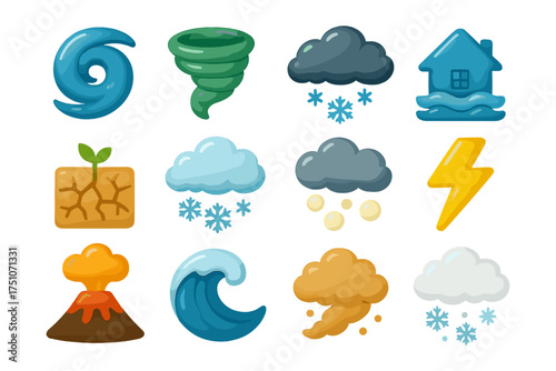 Colorful weather icons set featuring tornado, snow, and storm elements