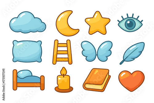 Cute dream elements collection: moon, star, and cloud icons with sleeping symbols