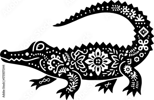 Vector Black Silhouette of Alligator in Bold Mexican Tribal Art Style