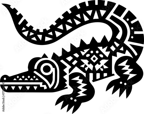 Vector Black Silhouette of Alligator in Bold Mexican Tribal Art Style