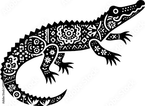 Vector Black Silhouette of Alligator in Bold Mexican Tribal Art Style