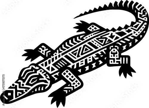 Vector Black Silhouette of Alligator in Bold Mexican Tribal Art Style