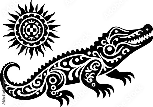 Vector Black Silhouette of Alligator in Bold Mexican Tribal Art Style