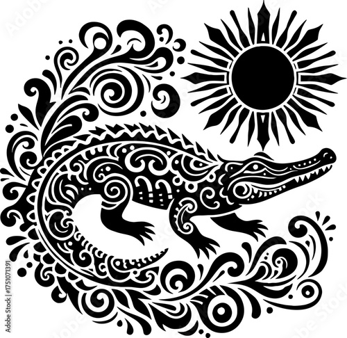 Vector Black Silhouette of Alligator in Bold Mexican Tribal Art Style