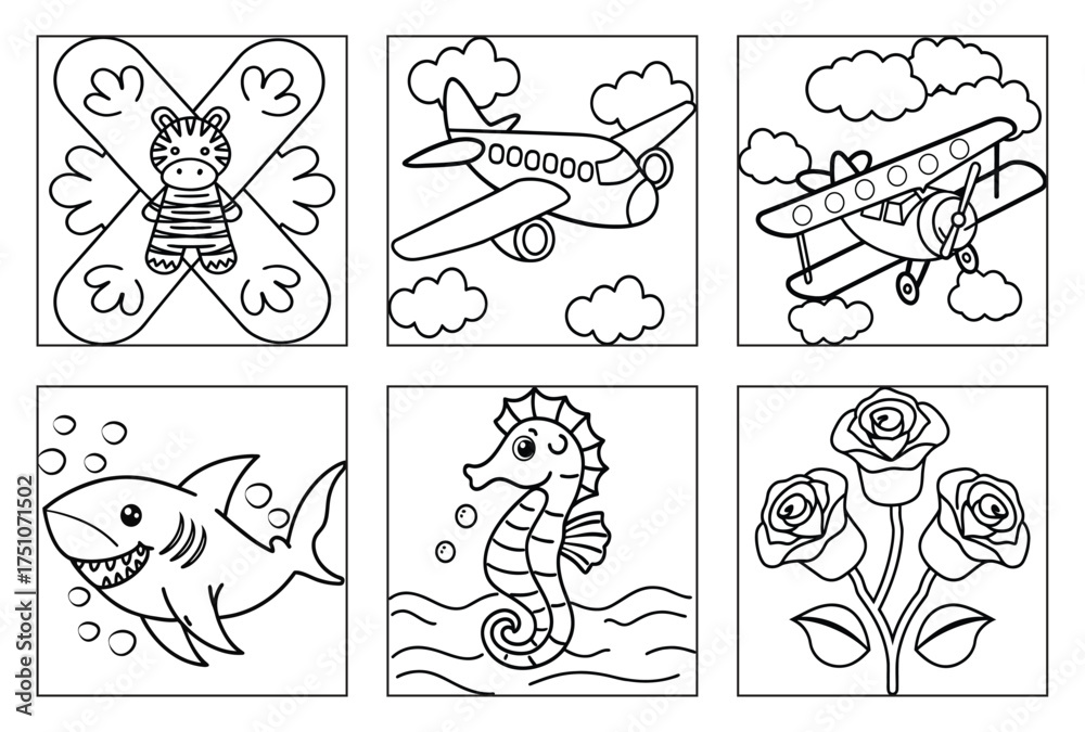 Fototapeta premium Diverse Animals Transport and Nature Outlines for Childrens Coloring Fun Coloring Page