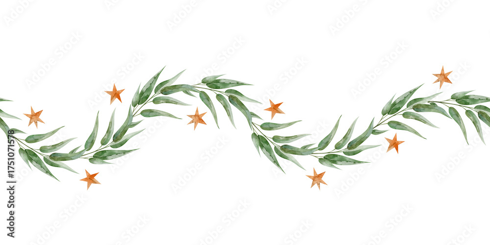 Fototapeta premium Watercolor branch leaves and gold stars seamless border. The illustration botanical style hand drawn for invitations, cards, packaging.