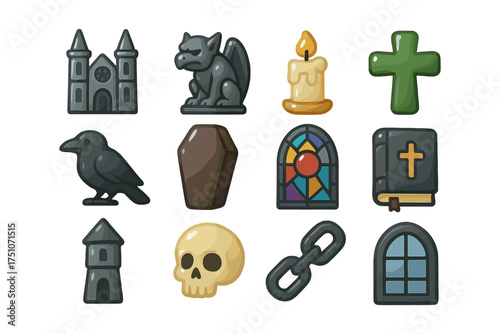 Gothic horror icon set: medieval, gargoyle, skull, and crypt elements