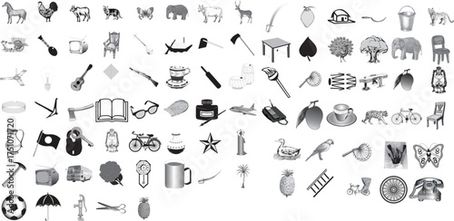 Icon Collection: Black And White Silhouette Object Symbols For Creative Design And Visual Projects