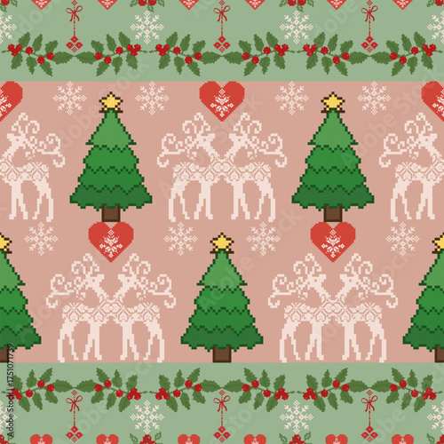 Christmas set featuring reindeer, Christmas trees, bells in a soft, muted pastel pink, green. For contemporary holiday gift wrapping, winter baby clothes, elegant textile design, unique festive BG.