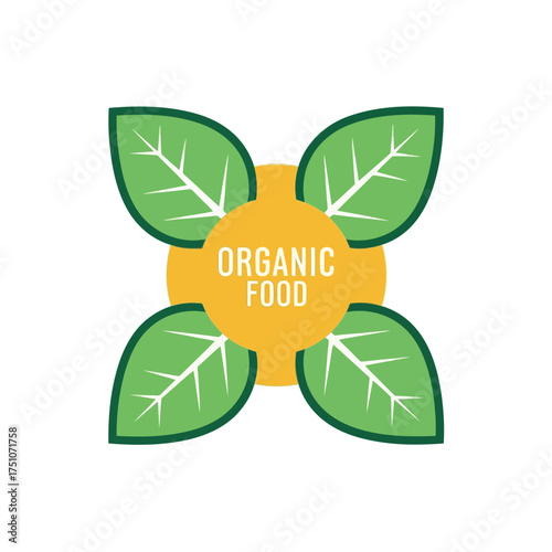 A vector illustration vector art of organic food logo with green leaves and yellow circle