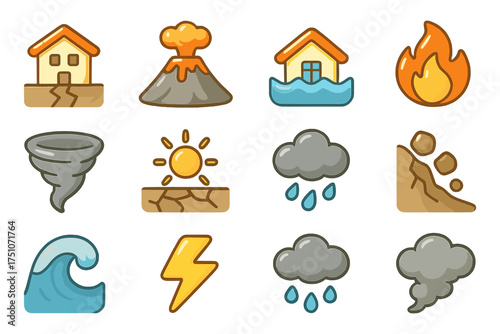 Colorful natural disaster icons set: earthquake, flood, volcano, storm, landslide, wildfire