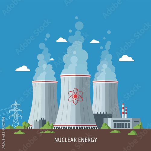 A vector illustration vector art of nuclear power plant with cooling towers and factory buildings